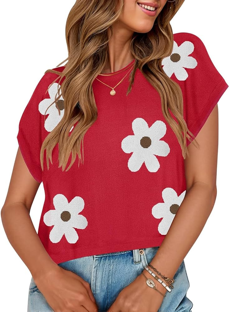 ZESICA Women's Summer Floral Short Sleeve Sweater Vest 2026 Crewneck Loose Knit Tank Tops Going O... | Amazon (US)