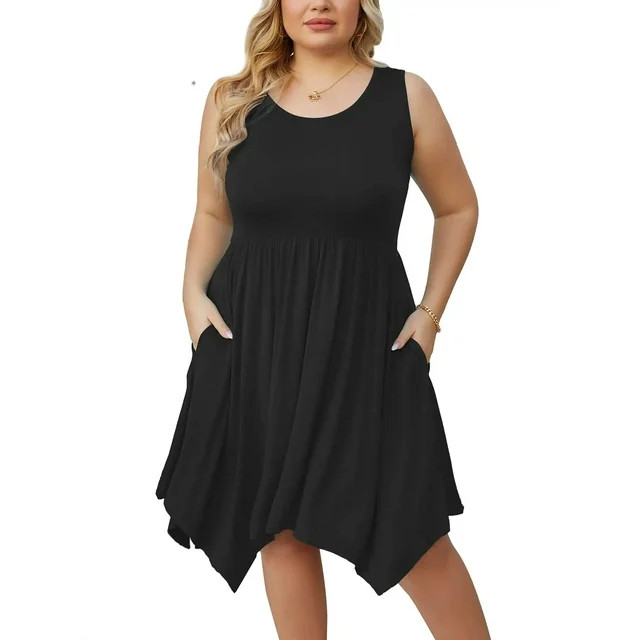 SHOWMALL Women Plus Size Dress Sleeveless Summer Dress Irregular Hem Casual Midi Dress Plain Plea... | Walmart (US)