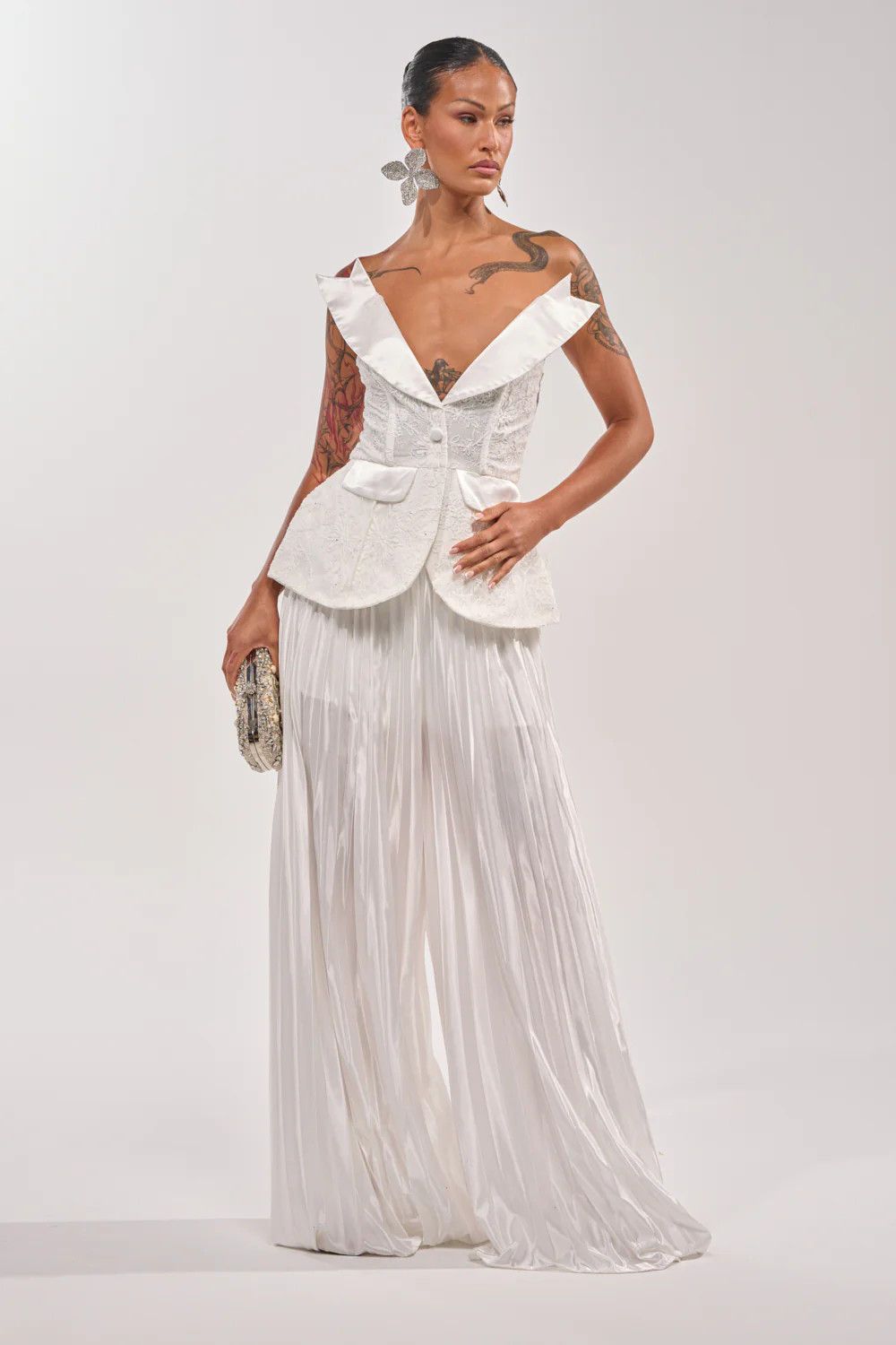 CALLED OUT SATIN PLEATED PALAZZO PANT IN WHITE | AKIRA