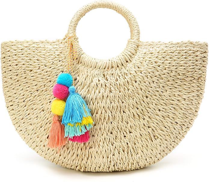 Womens Large Straw Beach Tote Bag Hobo Summer Handwoven Bags Purse wth Pom Poms | Amazon (US)