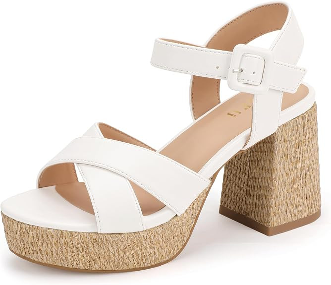 IDIFU Women's Raffia Platform Chunky Heels Block High Heel Sandals Round Open Toe Ankle Strap Sho... | Amazon (US)