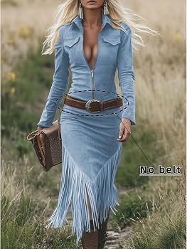 2026 Women's Western Cowgirl Suede Dress Vintage Long Sleeve Slim Fit Fringe Dress Lapel and Zip ... | Amazon (US)