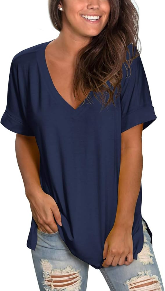 SAMPEEL Women's V Neck T Shirts Rolled Short Sleeve Side Split Summer Tops Loose Fit | Amazon (US)