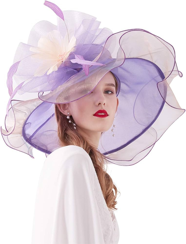 ELLYDOOR Women Derby Church Hat Organza Flower Wedding Tea Party Fascinator Hat Wide Brim Sun Hat | Amazon (US)