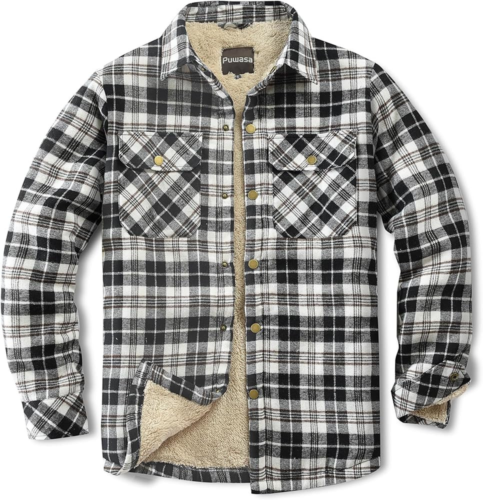 Men's Sherpa Lined Cotton Flannel Shirt Jacket Plaid Button Up Jacket Coat for Men with Pocket | Amazon (US)