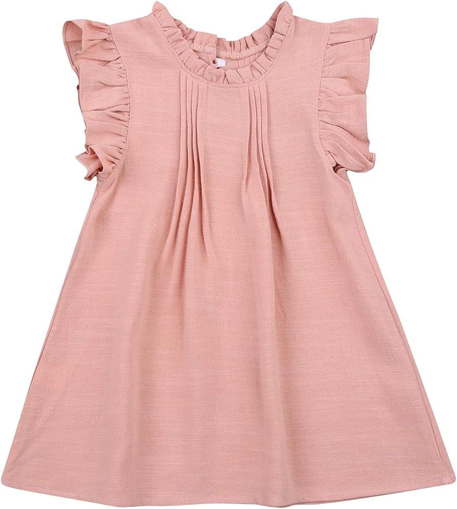 Bohavo Toddler Kids Girls Cotton Linen Solid Color Princess Dress Ruffle Sleeveless Sundress Casual  | Amazon (US)