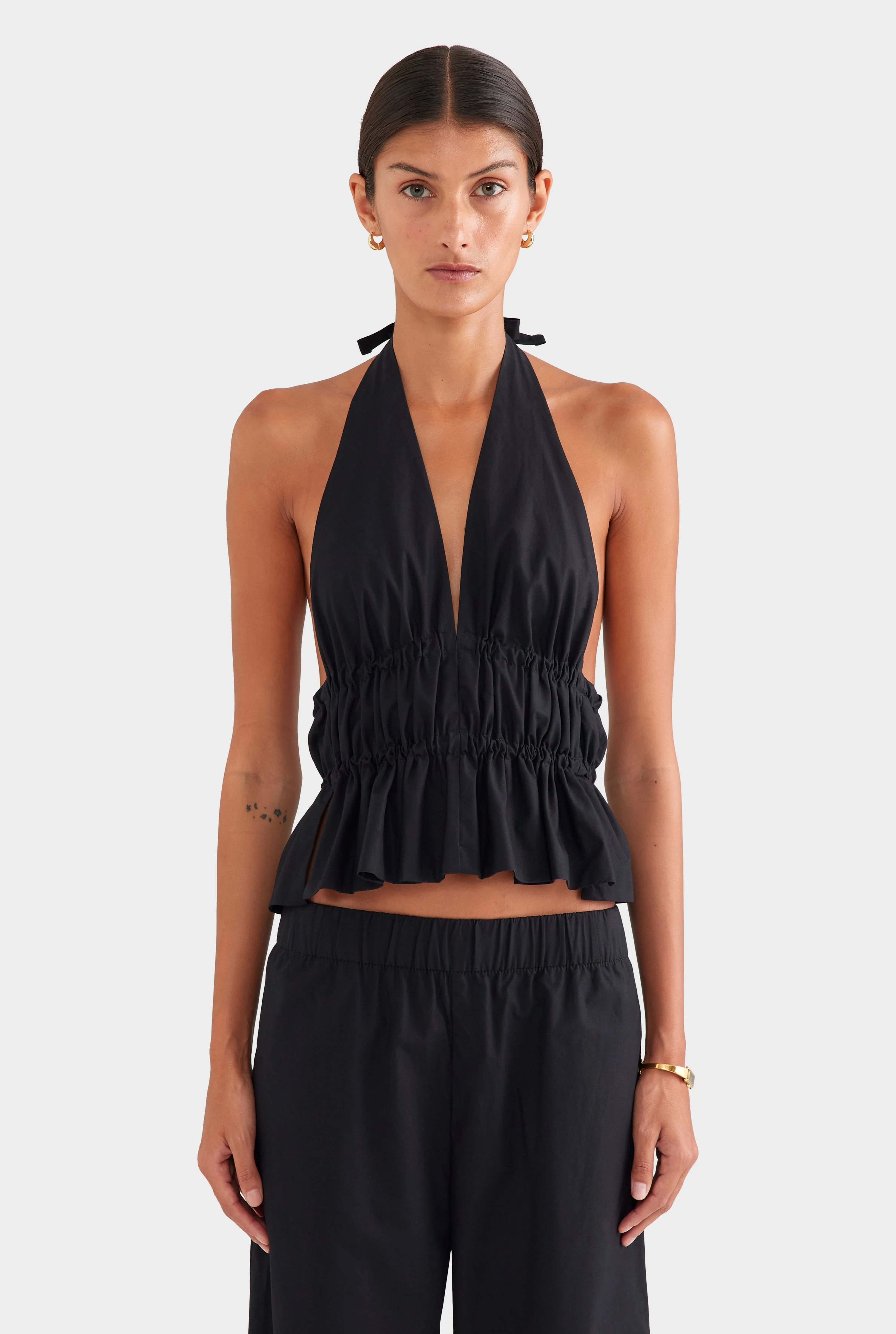 Womens Cotton Poplin Halter Top Black | Venroy | Venroy AU