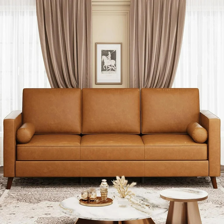 86" Faux Leather Sofa, Mid Century Modern Deep Seat Couch, Leather Couch with Upholstered Cushion... | Walmart (US)
