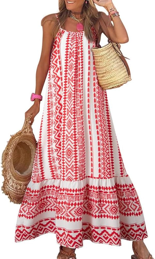 Dokotoo Women Summer Dresses 2024 Spaghetti Strap Scoop Neck Smocked Ruffle Flowy Boho Maxi Dress | Amazon (US)