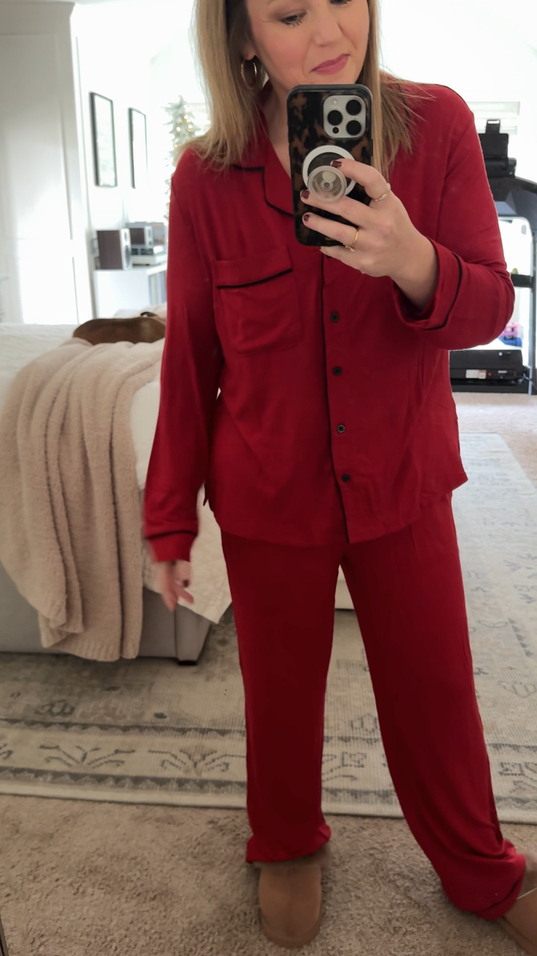 Clearance sale alert! This red pajama set is so soft and has pockets and a drawstring waist string waist. To up the cozy factor, I’ve paired it with my fur-lined slide slippers. ladies pajamas sleepwear gift idea for her Christmas pajamas 

#LTKSaleAlert #LTKOver40 #LTKFindsUnder50