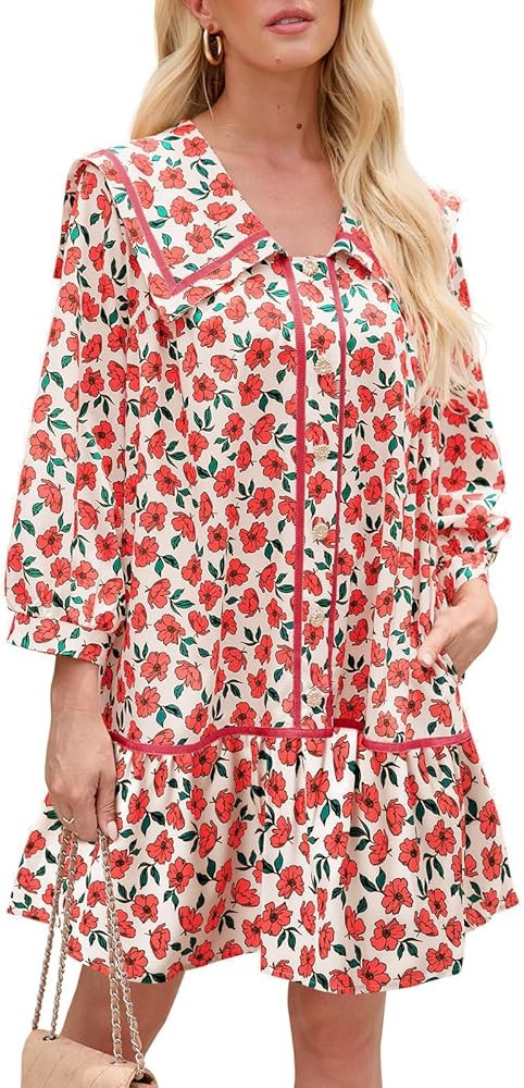 Wenrine Womens Casual Shirt Dresses 3/4 Long Sleeve Floral Button Down Flowy Babydoll Fall Mini D... | Amazon (US)