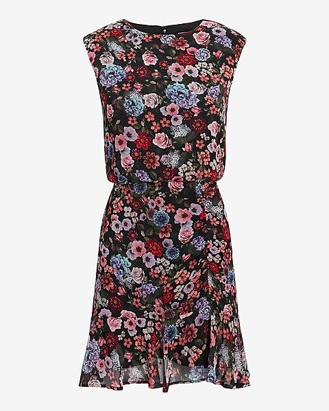 Floral Print Ruched Ruffle Hem Mini Dress | Express