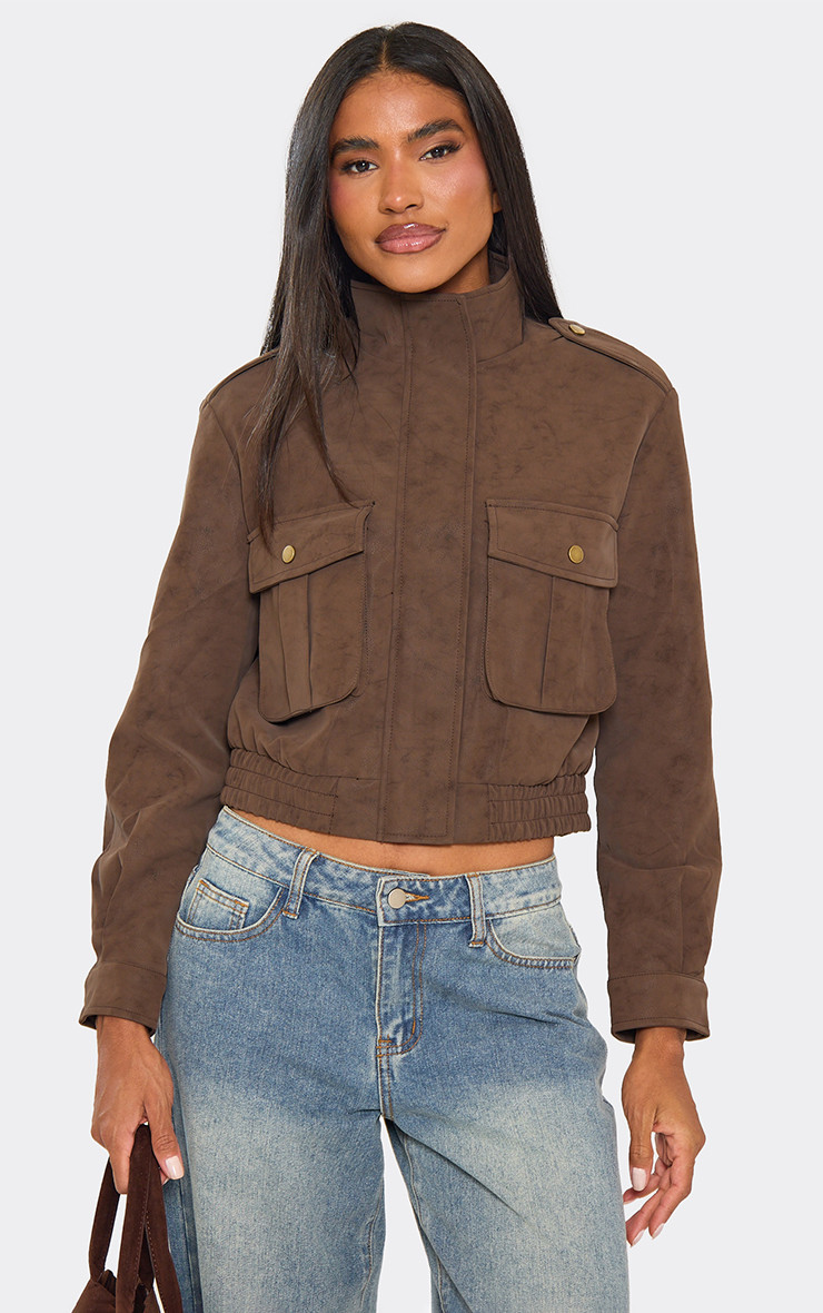 Long Sleeve Pocket Detail Cropped Jacket In Chocolate Brown Faux Suede | EGO (UK)