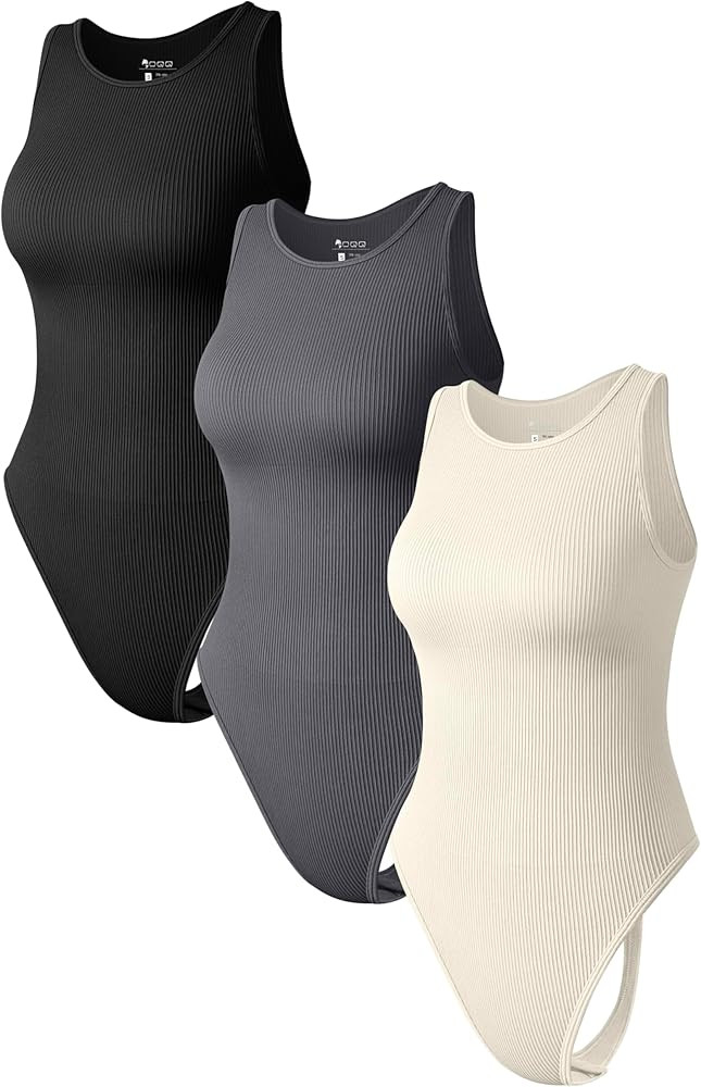 OQQ Women 3 Piece Bodysuits Sexy Ribbed Sleeveless Halter Neck Basic Thongs Bodysuits | Amazon (US)