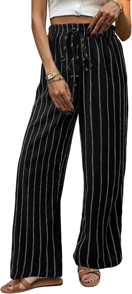 CHARTOU Womens Summer Elastic Waist Striped Flowy Palazzo Pants Casual Wide Leg Pants with Pocket... | Amazon (US)