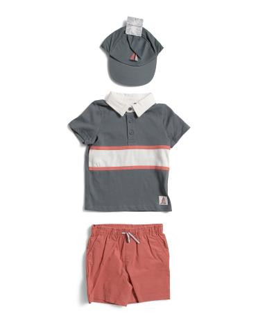 Toddler Boys 3pc Striped Rugby Top And Twill Shorts With Hat Set | TJ Maxx
