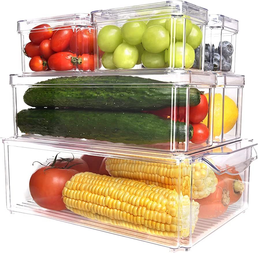 Set Of 7 Fridge Organizer Stackable Refrigerator Organizer Bins with Lids, Kitchen Organization a... | Amazon (US)