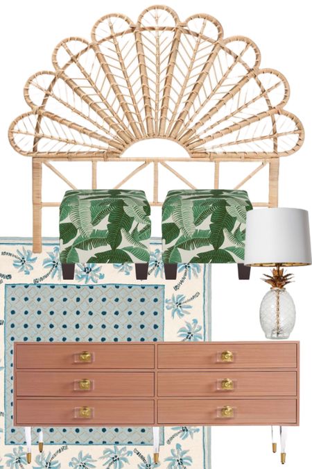 Tropical Palm Springs bedroom inspo. Rattan headboard, banana leaf ottomans, pink mid century modern dresser  

#LTKhome