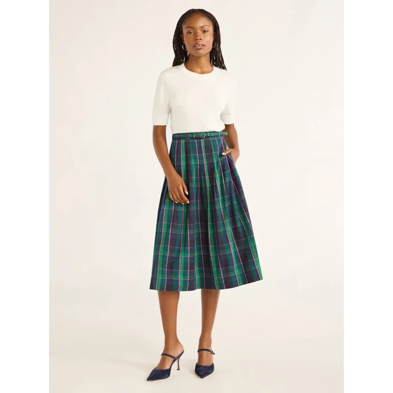 Free Assembly Women's Belted Cotton Pleated Midi Skirt, Sizes XS-4X | Walmart (US)