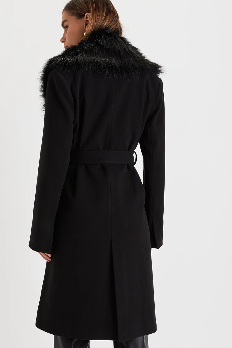 Essential Sophistication Black Faux Fur Collar Belted Coat | Lulus
