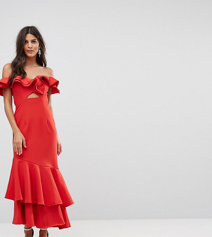 Jarlo Ruffle Bardot Maxi Dress With Cut Out - Red | ASOS US