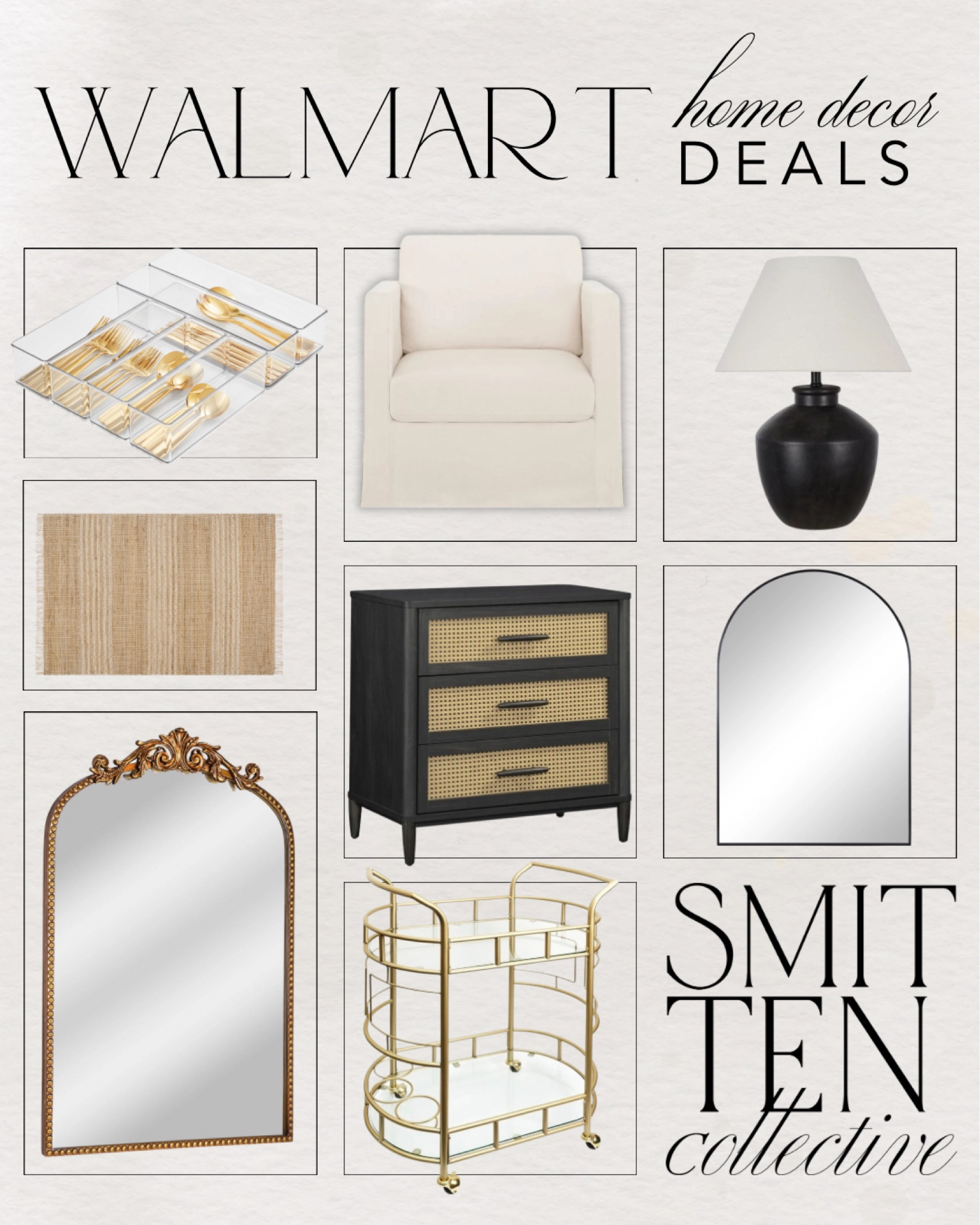 Walmart home decor deals roundup of some of my favorites! Grab these mirrors, lamp, side table, bar cart, silverware organizer, rug, and accent chair all on sale!! 

Walmart, Walmart deals, Walmart favorites, Walmart finds, Walmart furniture, Walmart home decor, Walmart lamp, table lamp, modern home decor, sale alert, Walmart sales 

#LTKSummerSales #LTKSaleAlert #LTKHome