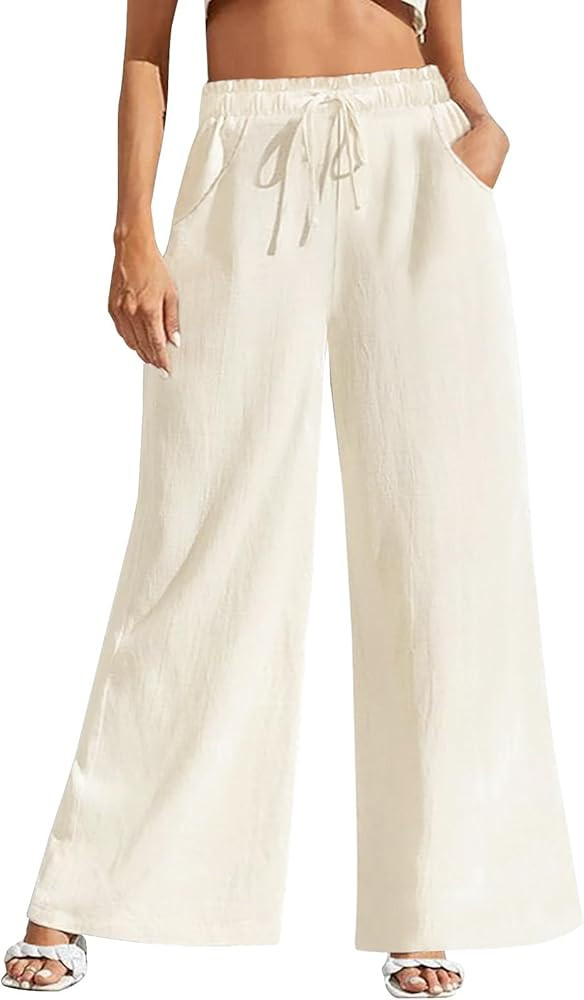 Fancysters Women Wide Leg Linen Pants, High Waisted Summer Casual Cotton Linen Palazzo Pants with... | Amazon (US)