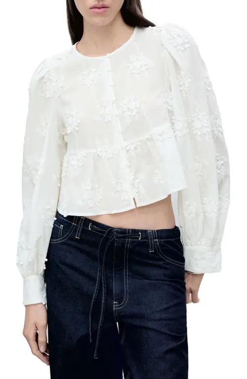 MANGO Floral Embroidered Cotton Peplum Button-Up Shirt in Off White at Nordstrom, Size 12 | Nordstrom