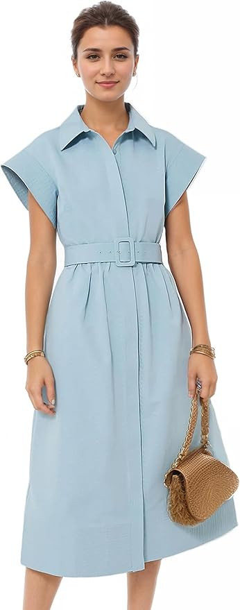 Womens Turn Down Collar Shirt Dress Short Wing Sleeve Button Down Dress Trench Coat Formal Elegan... | Amazon (US)