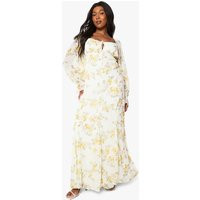 boohoo Women's Plus Ditsy Floral Crinkle Chiffon Milkmaid Maxi Dress in Ivory | Size: 14 | boohoo (US & Canada)