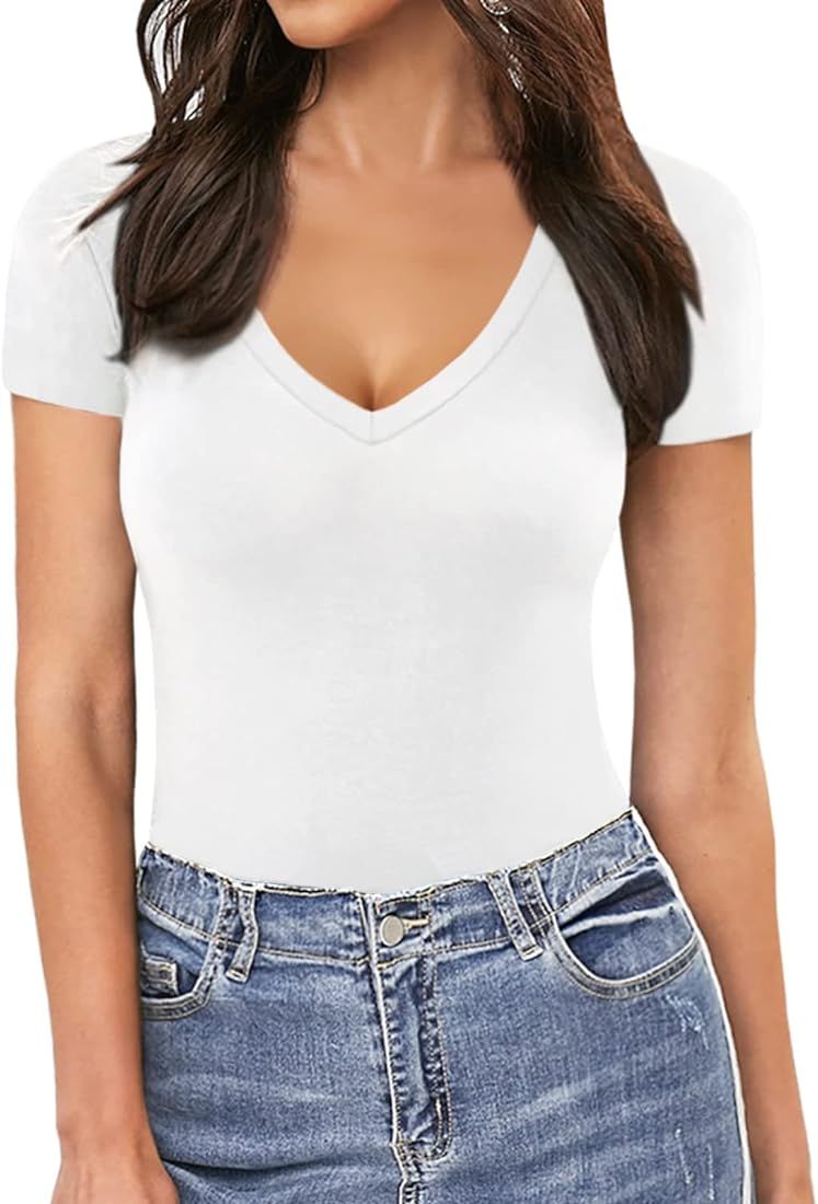 MANGOPOP Deep V Neck Short Sleeve Long Sleeve Tops Bodysuit for Women Clothing | Amazon (US)