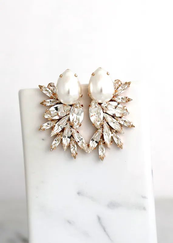 Pearl Statement Earrings, Bridal Pearl Crystal Earrings, Oversize White Pearl Earrings, Statement... | Etsy (US)