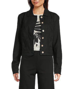 Linen Blend Point Collar Long Sleeve Fray Hem Button Front Jacket | Dillard's