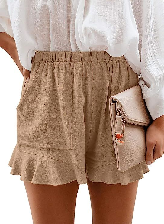 Paitluc Womens Elastic Waist Side Pockets Ruffle Cotton Linen Shorts Summer Casual Size S-XL | Amazon (US)