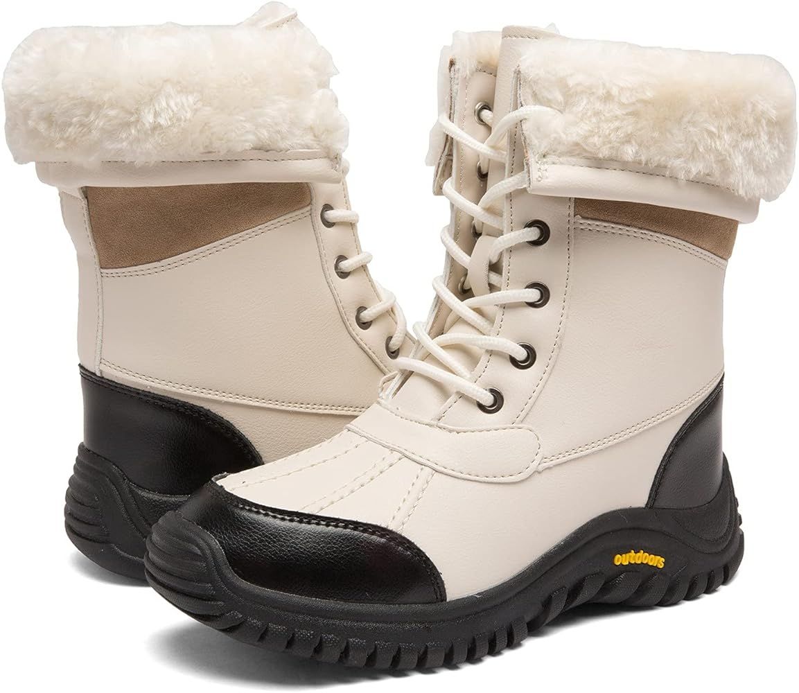 Women's Winter Boots Waterproof Warm Faux Fur Lined Ladies Snow Boots Fashion Mid Carf Leather Duck  | Amazon (US)