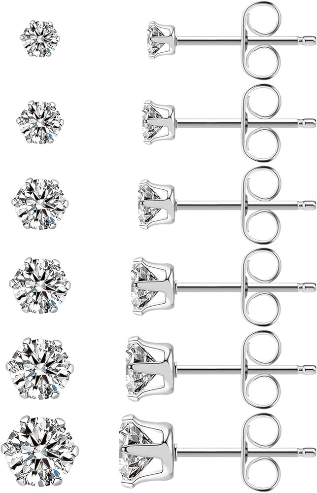 6 Pairs Stainless Steel Stud Earrings Set Hypoallergenic Cubic Zirconia 14K White Gold CZ Earring... | Amazon (US)