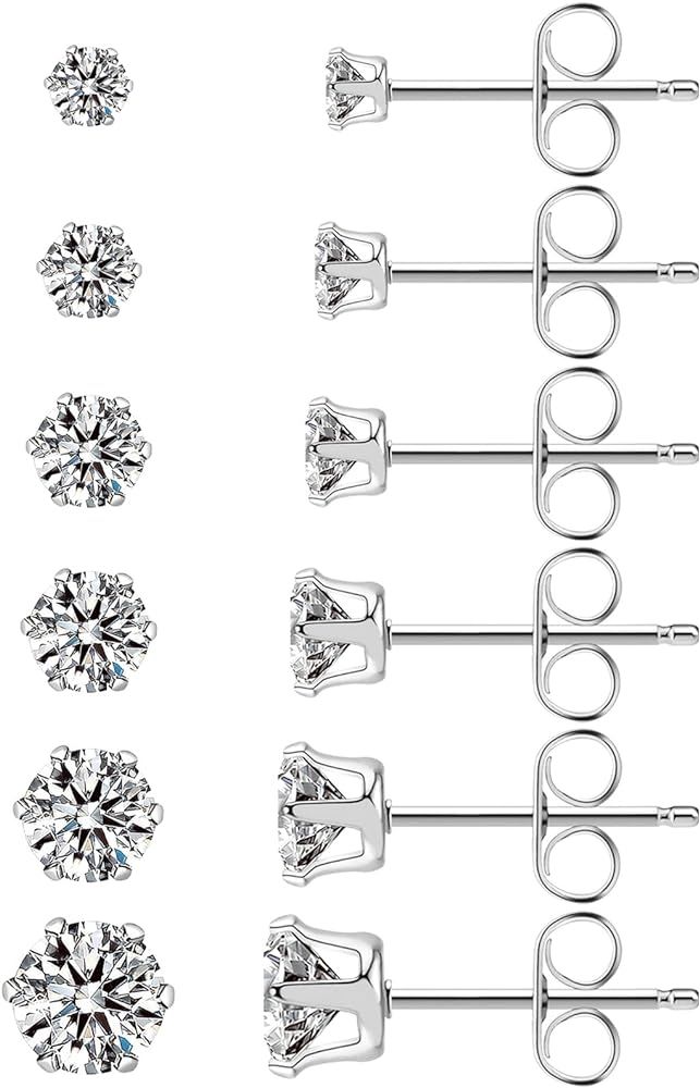 6 Pairs Stainless Steel Stud Earrings Set Hypoallergenic Cubic Zirconia 14K White Gold CZ Earring... | Amazon (US)