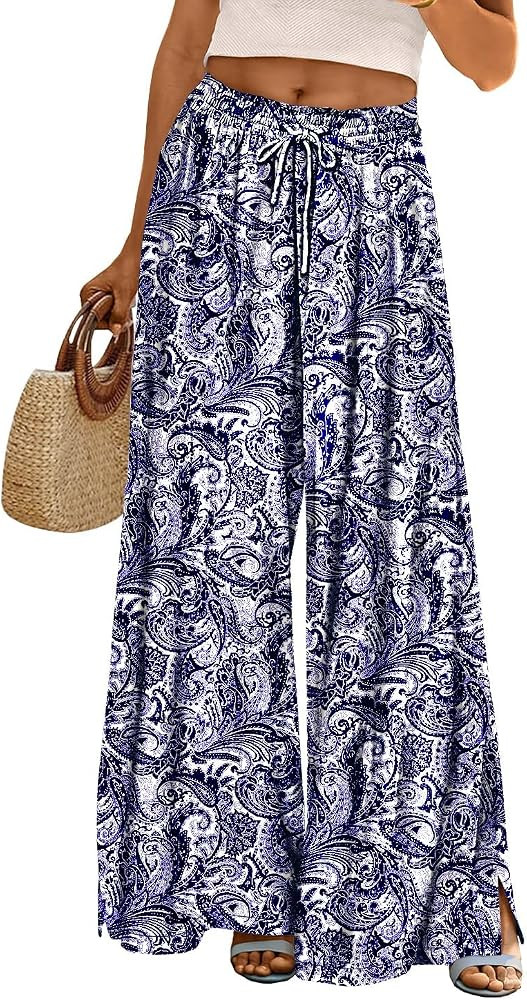 YESNO Women Summer Flowy Wide Leg Pants Drawstring Elastic Waist Casual Lounge Beach Palazzo Trou... | Amazon (US)