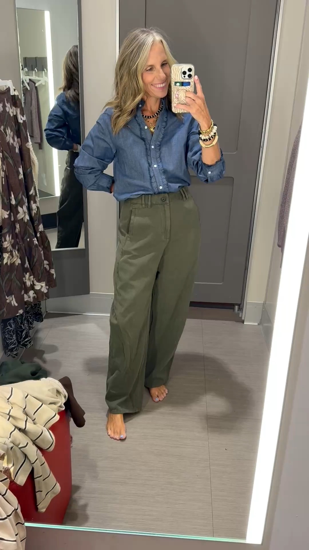The Shambre shirt looks like when you find on a high-end retailer. Wearing extra small. I have on a size 4 pants but they were too big, so I have them pulled back.

#LTKgrwm #LTKdayinmylife #LTKOver40
