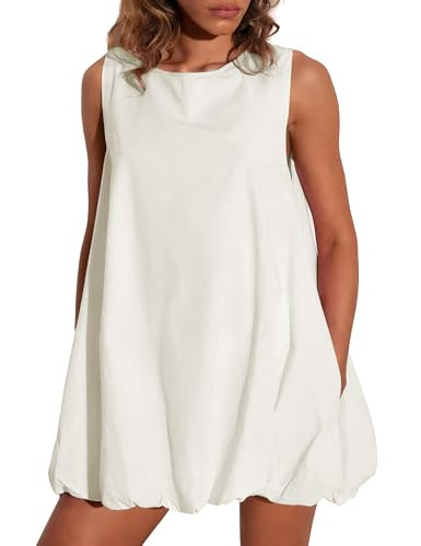 LTSCNRM Summer Bubble Dresses for Women Casual Sleeveless Tank Mini Dress Keyhole Tie Back Beach Sundress with Pockets(White-XL01) | Amazon (US)