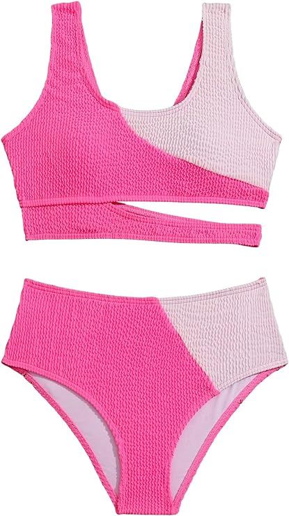 Milumia Girl's 2 Piece Color Block Swimsuits Cut Out Smocked Bikini Sets Cute Swimwear | Amazon (US)