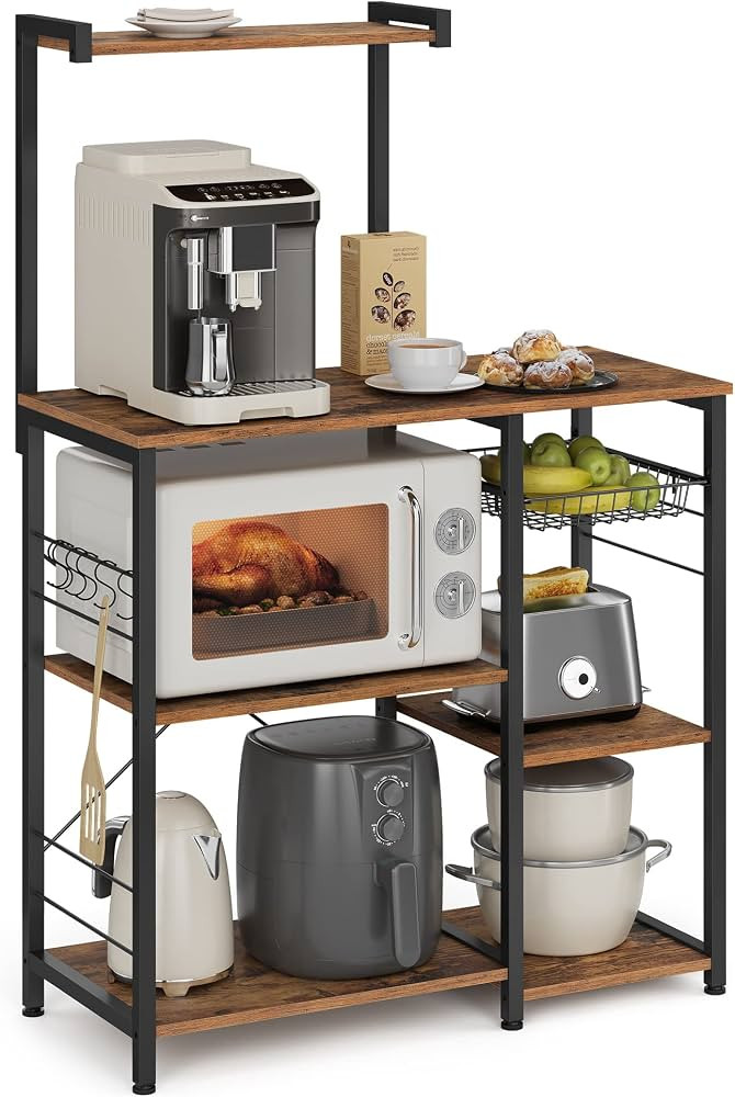 VASAGLE Baker's Rack, Microwave Stand, Kitchen Storage Rack with Wire Basket, 6 Hooks, and Shelve... | Amazon (US)