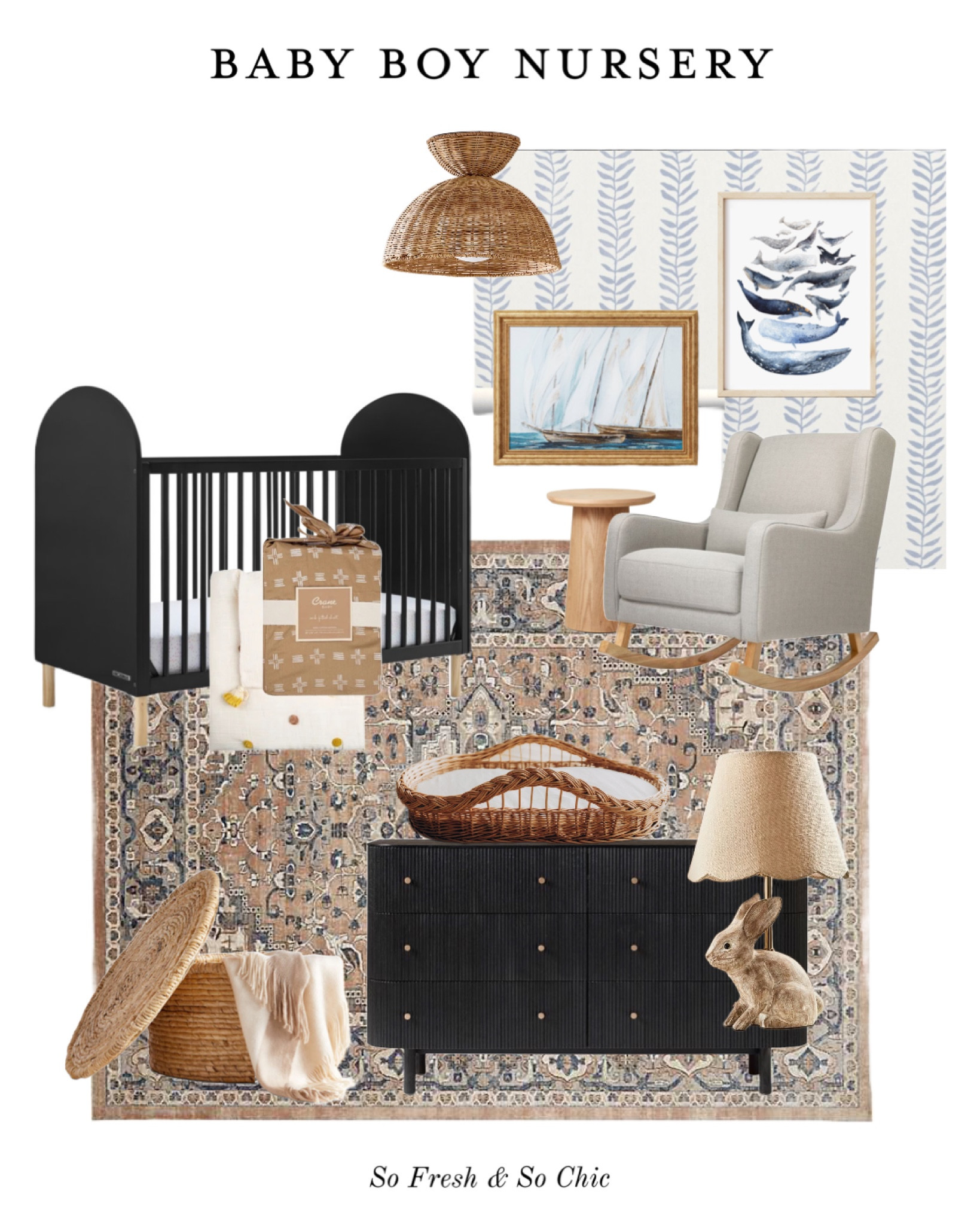 Neutral baby boy nursery. Love this mood board so much!
-
Arched black crib - black dresser - bunny table lamp - large woven basket - toy storage - sail print - affordable digital printable art - whales art print a woven rattan pendant light - traditional neutral beige blue rug - pom pom baby blanket - neutral crib sheet - light grey nursery rocking chair - nursery rocker - pedestal wood accent table - changing basket - Etsy - pottery barn - west elm - Kirklands - neutral rug sale - Anthropologie - crate and barrel - target studio mcgee threshold furniture - affordable nursery rocker - affordable boy nursery - living room neutral rug - bedroom rug - rug sale #nurserydecor #kidsroom #boynursery 

#LTKsalealert #LTKhome #LTKbaby