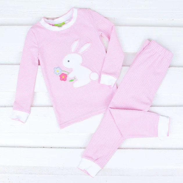 Pink Stripe Garden Bunny Pajamas | Classic Whimsy