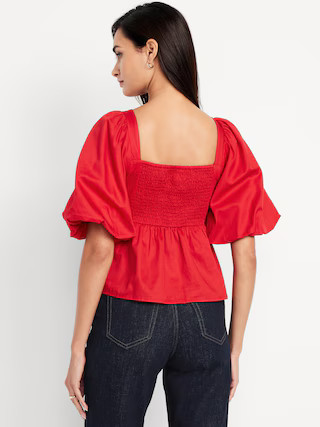 Puff-Sleeve Poplin Peplum Top | Old Navy (US)