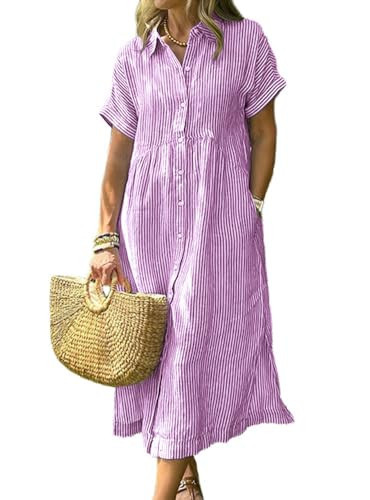 chouyatou Women's Summer Striped Midi Long Shirt Dress Casual Loose Short Sleeve Button Down Dress (Small, Purple) | Amazon (US)