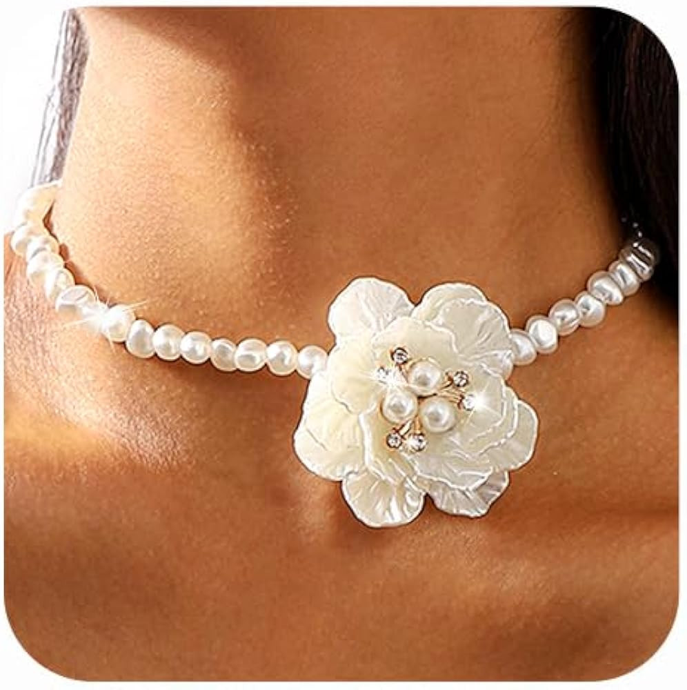 Gangel Big Flower Necklace Choker Pearl Choker Necklace White Flower Necklaces Choker Vintage Flo... | Amazon (US)