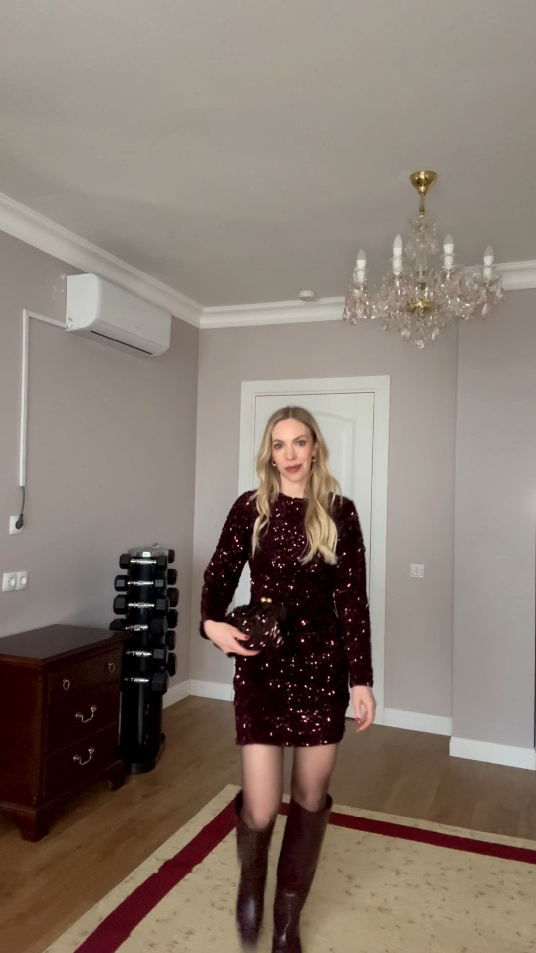 New Year’s Eve outfit, burgundy sequin dress, mini dress with sheer tights and tall boots 

#LTKFindsUnder100 #LTKHoliday #LTKOver40