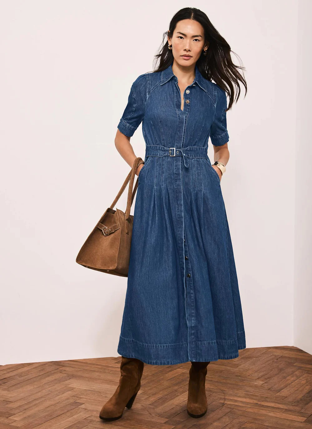 Indigo Denim Belted Midi Shirt Dress | Mint Velvet