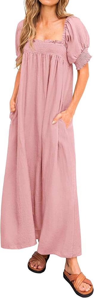 KIRUNDO Women 2026 Summer Maxi Dress Casual Loose Puff Sleeve Square Neck Maternity Flowy Long Be... | Amazon (US)